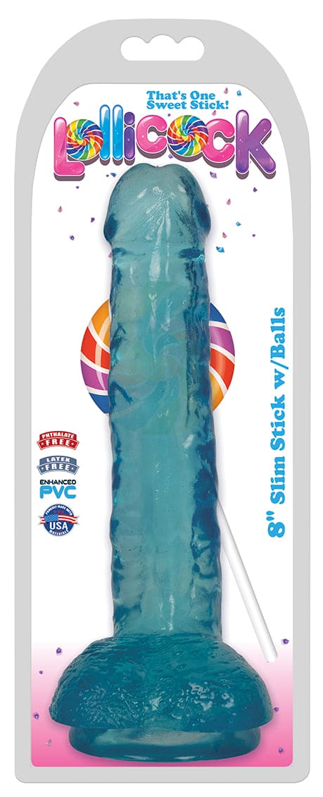 8 Inch Slim Stick with Balls Berry Ice Dildo