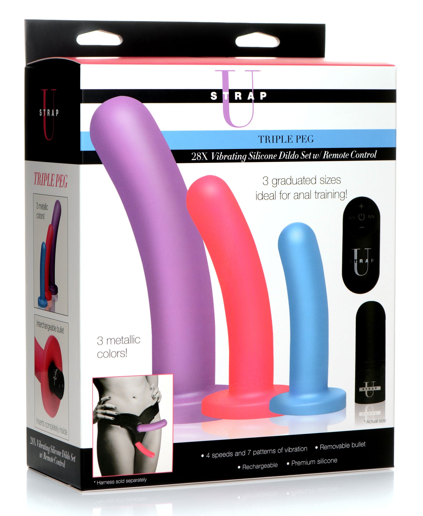 Triple Peg 28X Vibrating Silicone Dildo Set with Remote Control