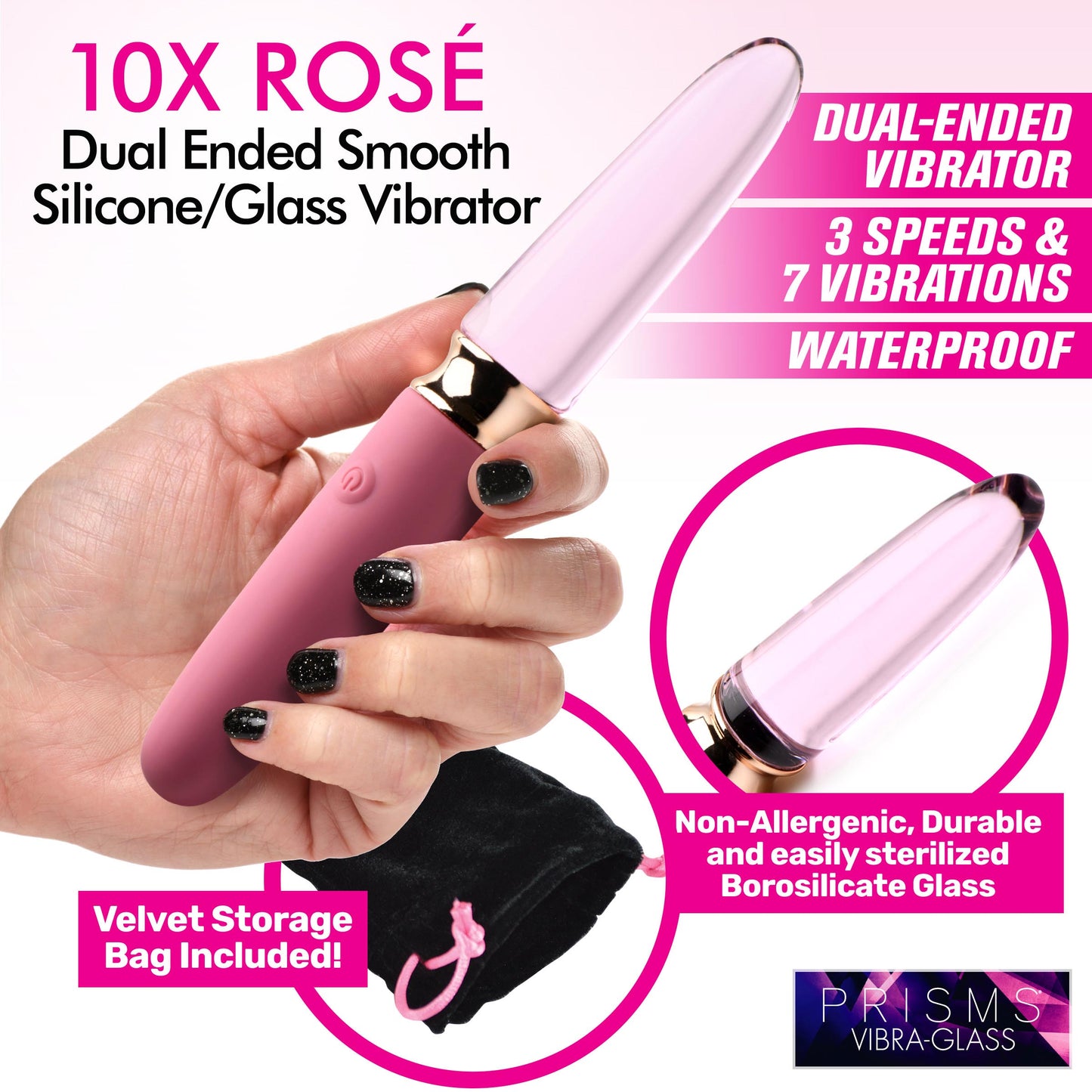 10X Rosé Dual Ended Smooth Silicone and Glass Vibrator